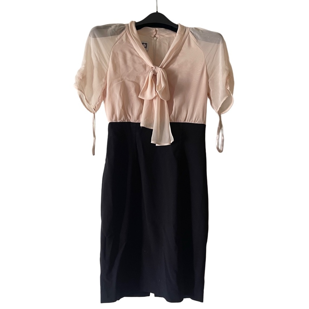 Anne Klein Bow Tie Neck Color-block Dress Cream Black Size 2 Business Casual